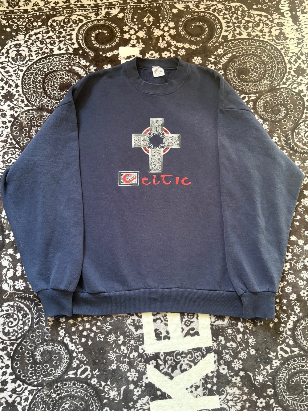 Vintage Celtic Cross Crewneck Sweatshirt USA Made Russell Navy XL Rare